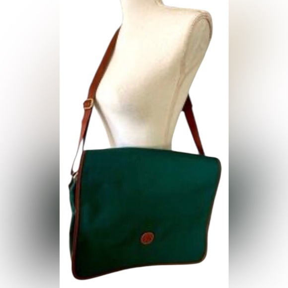 RALPH LAUREN VINTAGE Forest Green Canvas Messenger Bag Tan Accents.Shoulder/Hand - Picture 1 of 11
